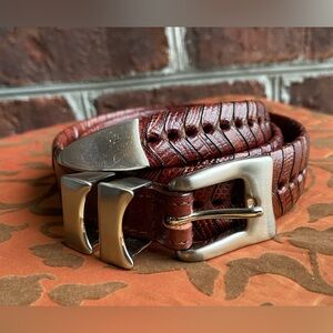 Men’s Leather Alligator-embossed, Braided Leather Belt, Brushed, Brass Hardware